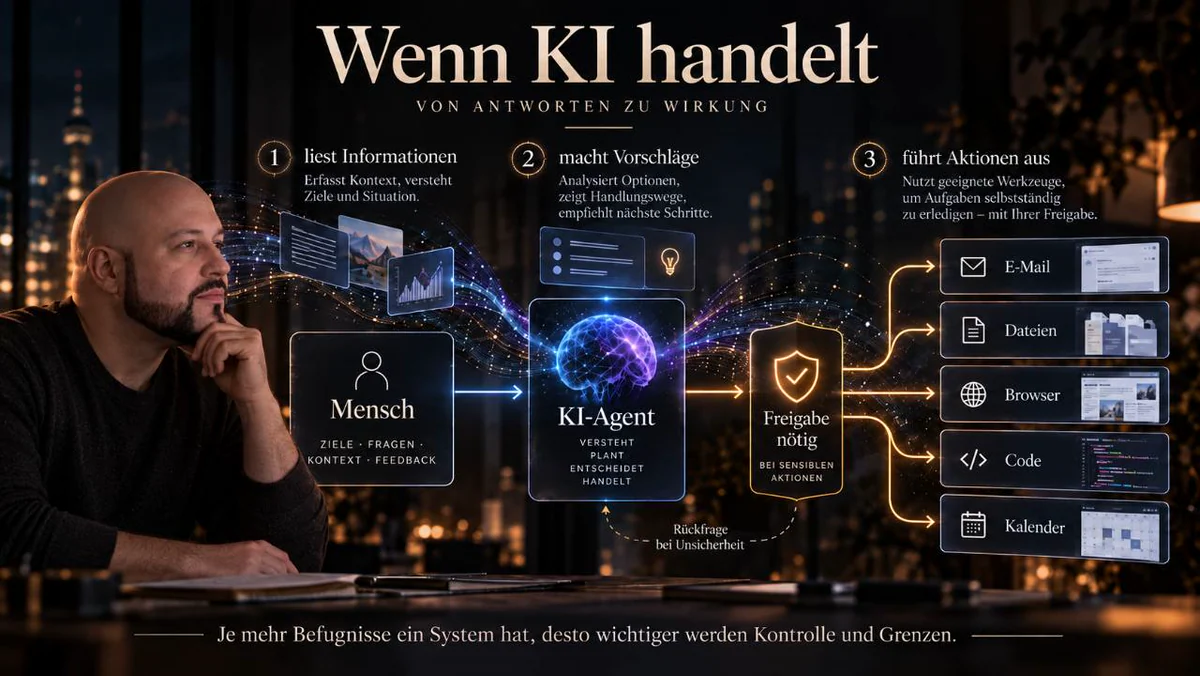 Illustratives Schema: Ein Mensch gibt einem KI-Agenten Ziele; der Agent analysiert und schlägt Handlungen vor. Für sensible Aktionen ist eine Freigabe vorgesehen.